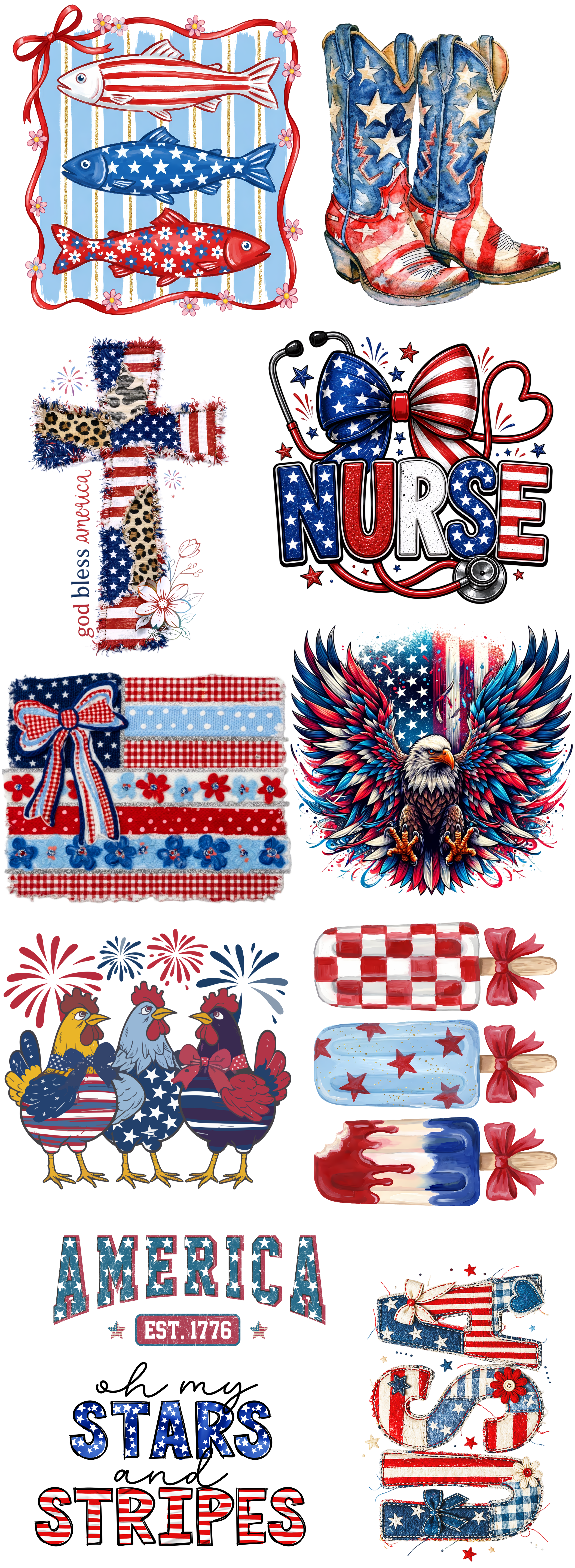 Patriotic Summer Gang Sheet – America, Nurse & Western Designs