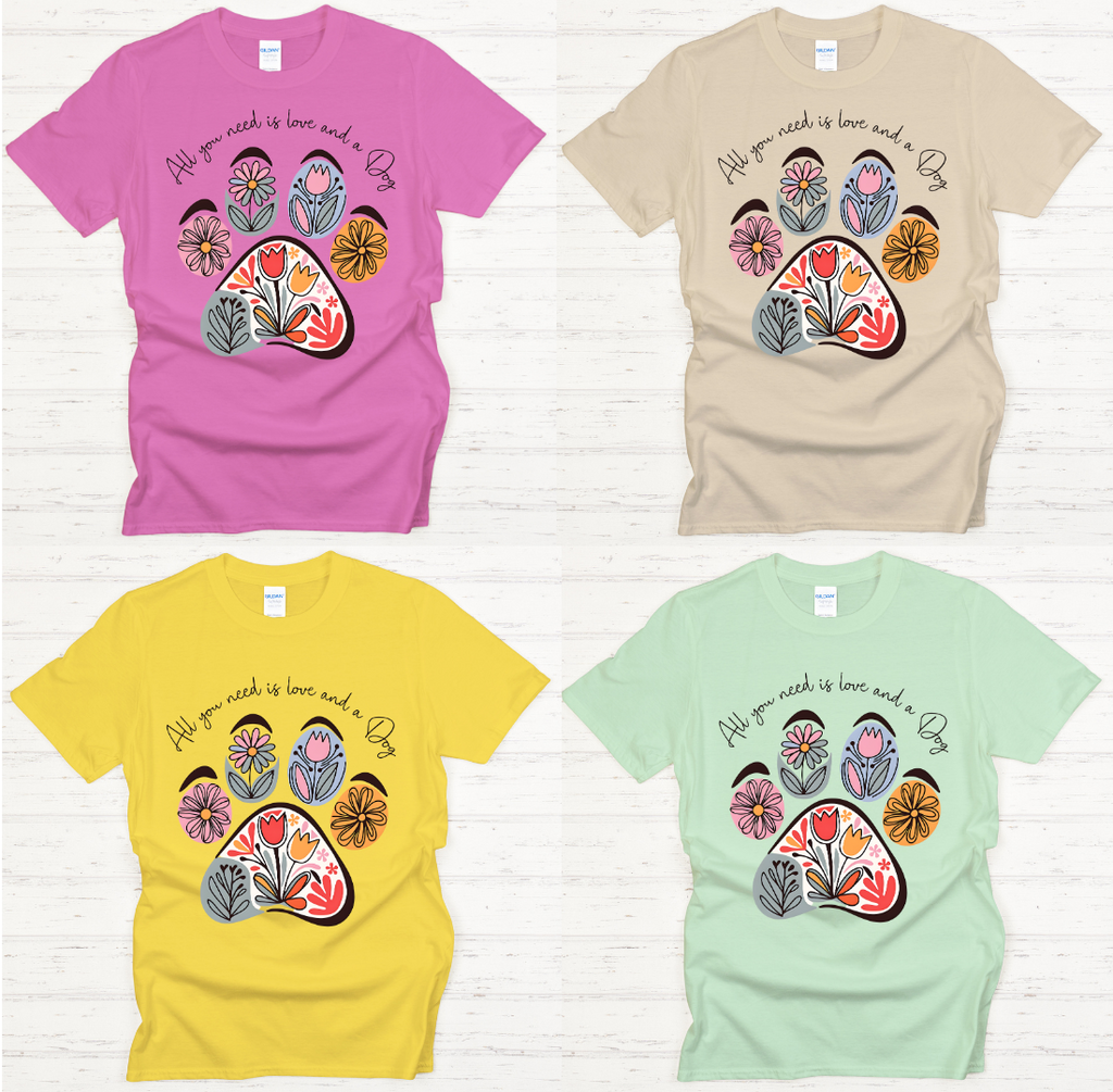 All You Need Is Love and a Dog Floral Paw Shirt on Gildan Softstyle Tee