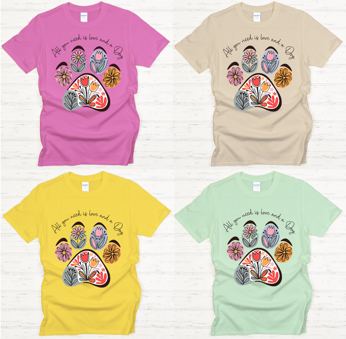 All You Need Is Love and a Dog Floral Paw Shirt on Gildan Softstyle Tee