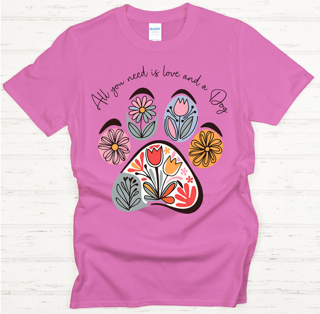 All You Need Is Love and a Dog Floral Paw Shirt on Gildan Softstyle Tee