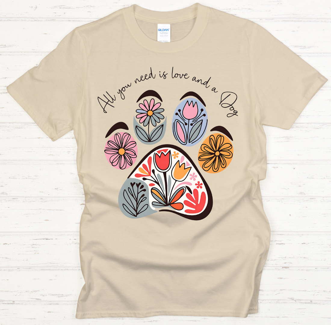 All You Need Is Love and a Dog Floral Paw Shirt on Gildan Softstyle Tee