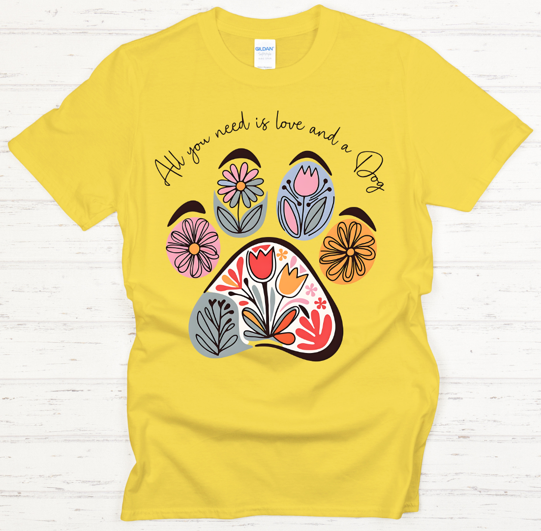 All You Need Is Love and a Dog Floral Paw Shirt on Gildan Softstyle Tee
