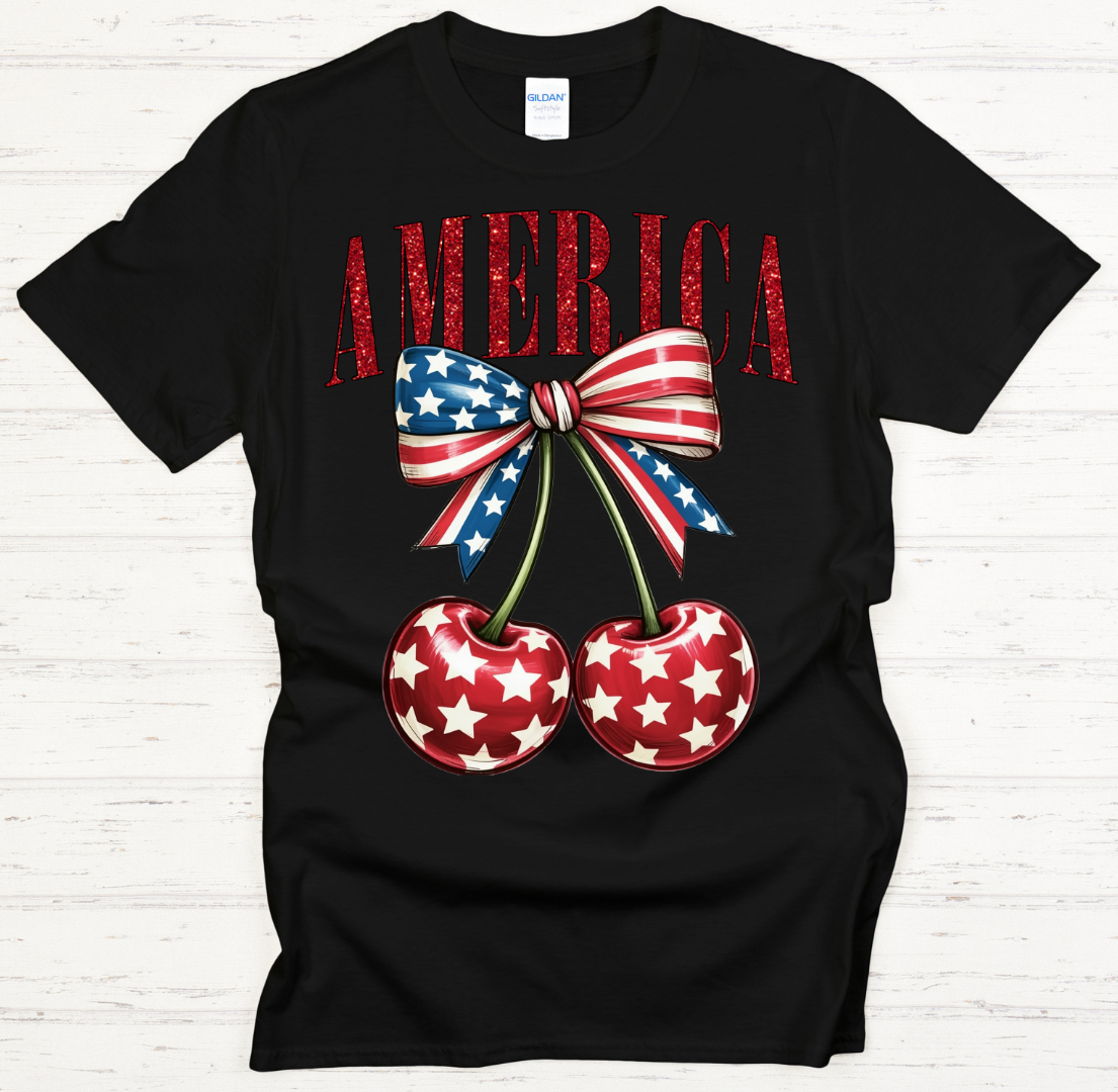 America Patriotic Cherry Graphic Shirt on Gildan Softstyle Tee