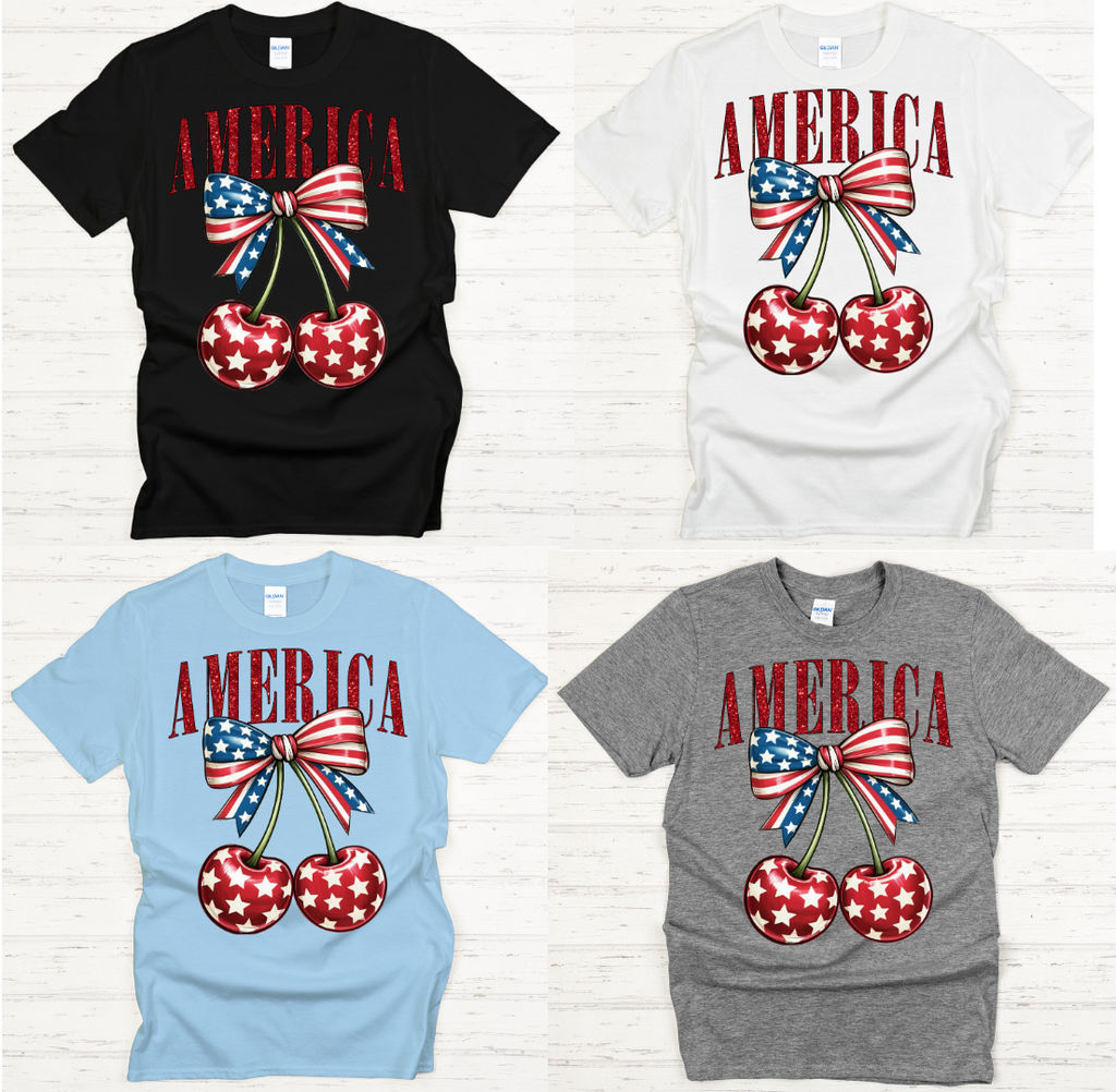 America Patriotic Cherry Graphic Shirt on Gildan Softstyle Tee