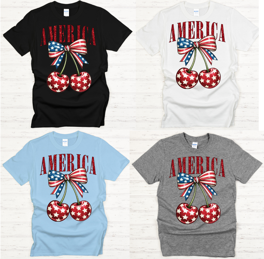 America Patriotic Cherry Graphic Shirt on Gildan Softstyle Tee