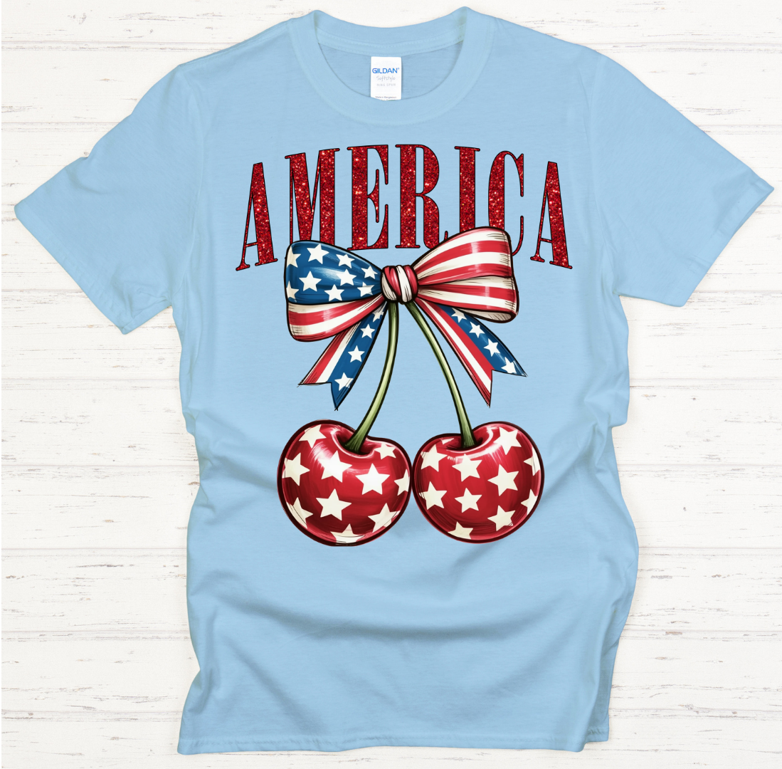 America Patriotic Cherry Graphic Shirt on Gildan Softstyle Tee