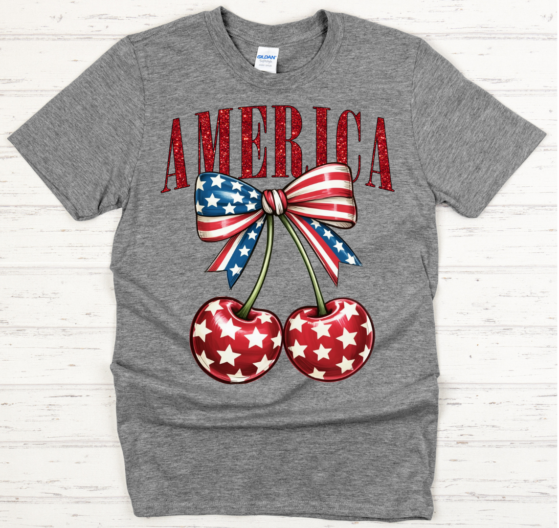 America Patriotic Cherry Graphic Shirt on Gildan Softstyle Tee