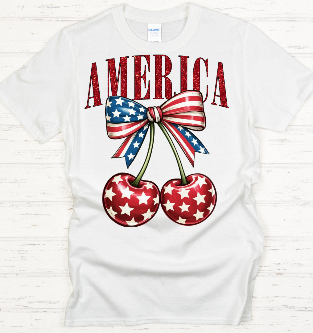 America Patriotic Cherry Graphic Shirt on Gildan Softstyle Tee
