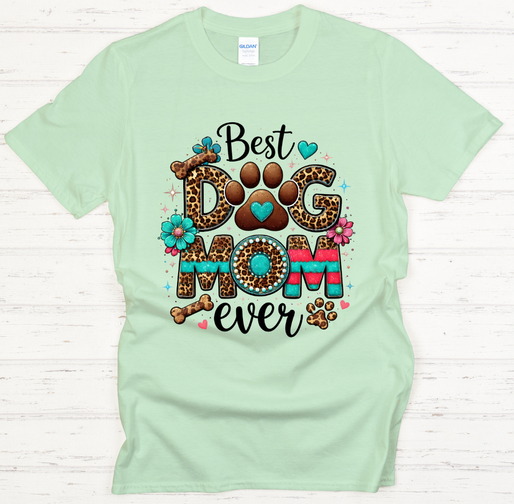 Best Dog Mom Ever Leopard Paw Graphic Shirt on Gildan Softstyle Tee