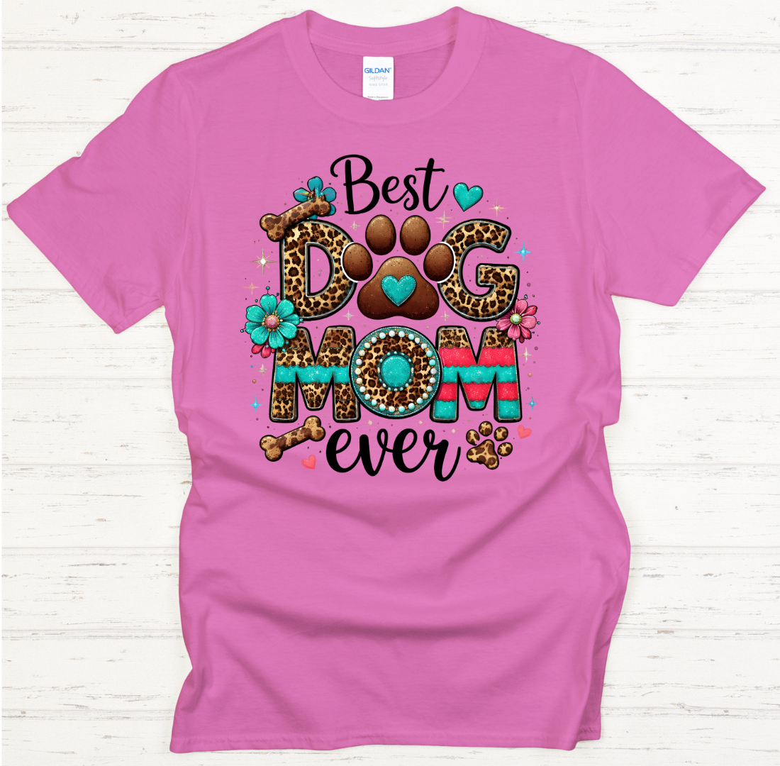 Best Dog Mom Ever Leopard Paw Graphic Shirt on Gildan Softstyle Tee