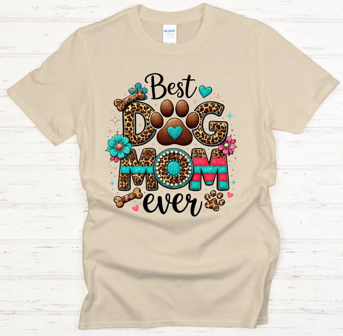 Best Dog Mom Ever Leopard Paw Graphic Shirt on Gildan Softstyle Tee