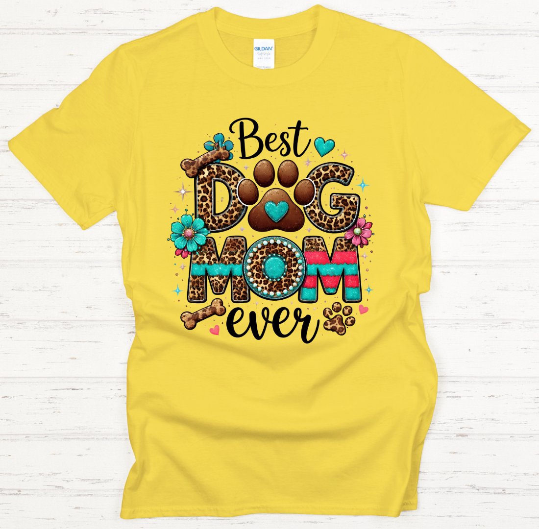 Best Dog Mom Ever Leopard Paw Graphic Shirt on Gildan Softstyle Tee