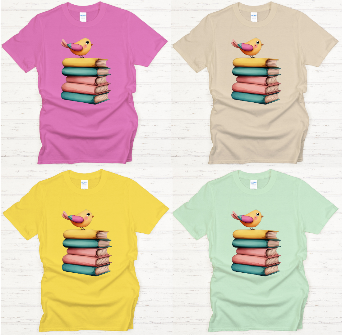 Cute Bird on Books Reader Graphic Shirt on Gildan Softstyle Tee