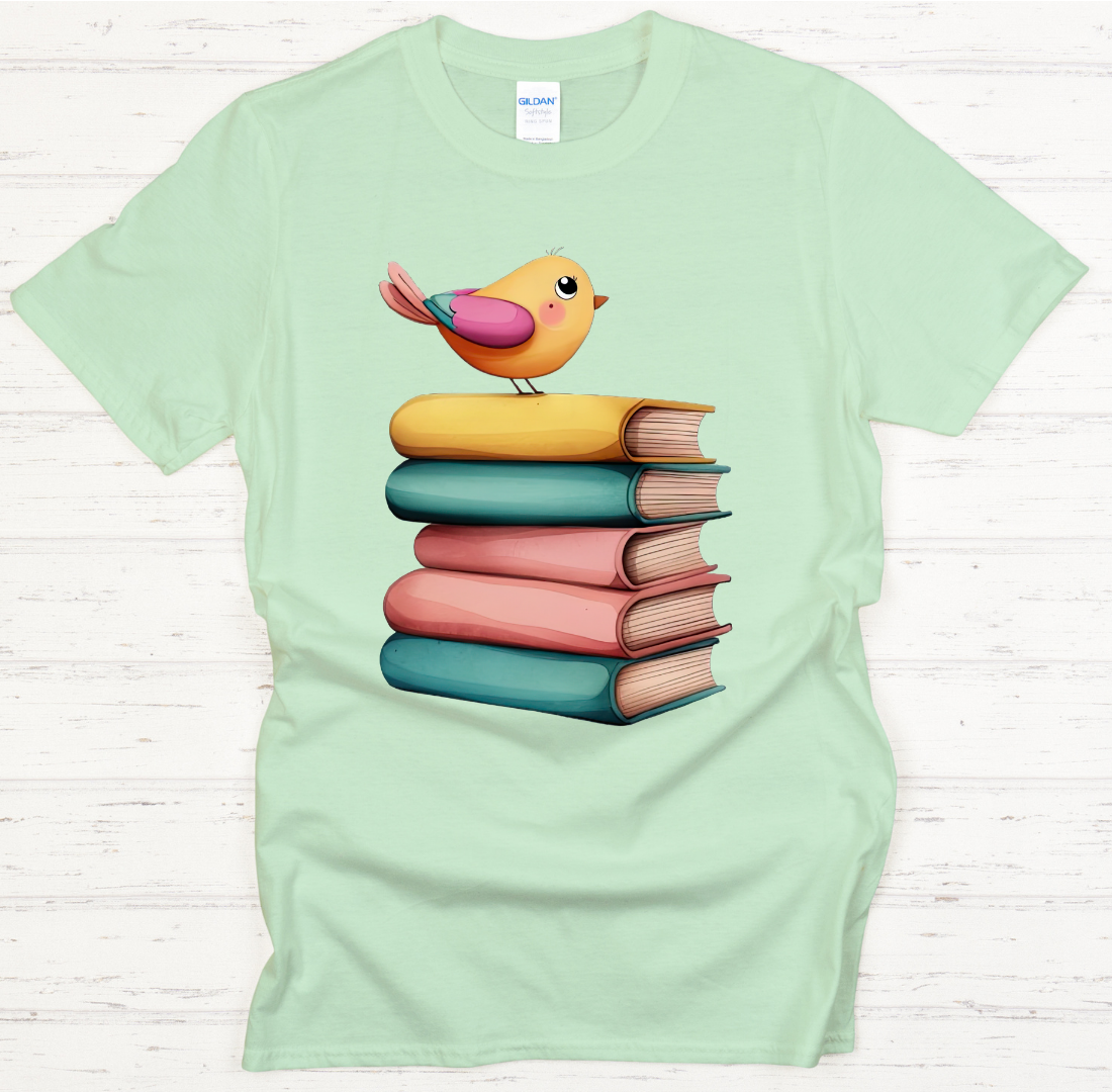 Cute Bird on Books Reader Graphic Shirt on Gildan Softstyle Tee