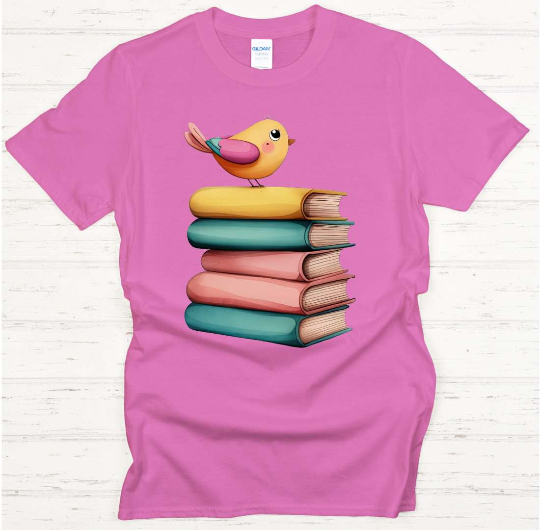 Cute Bird on Books Reader Graphic Shirt on Gildan Softstyle Tee