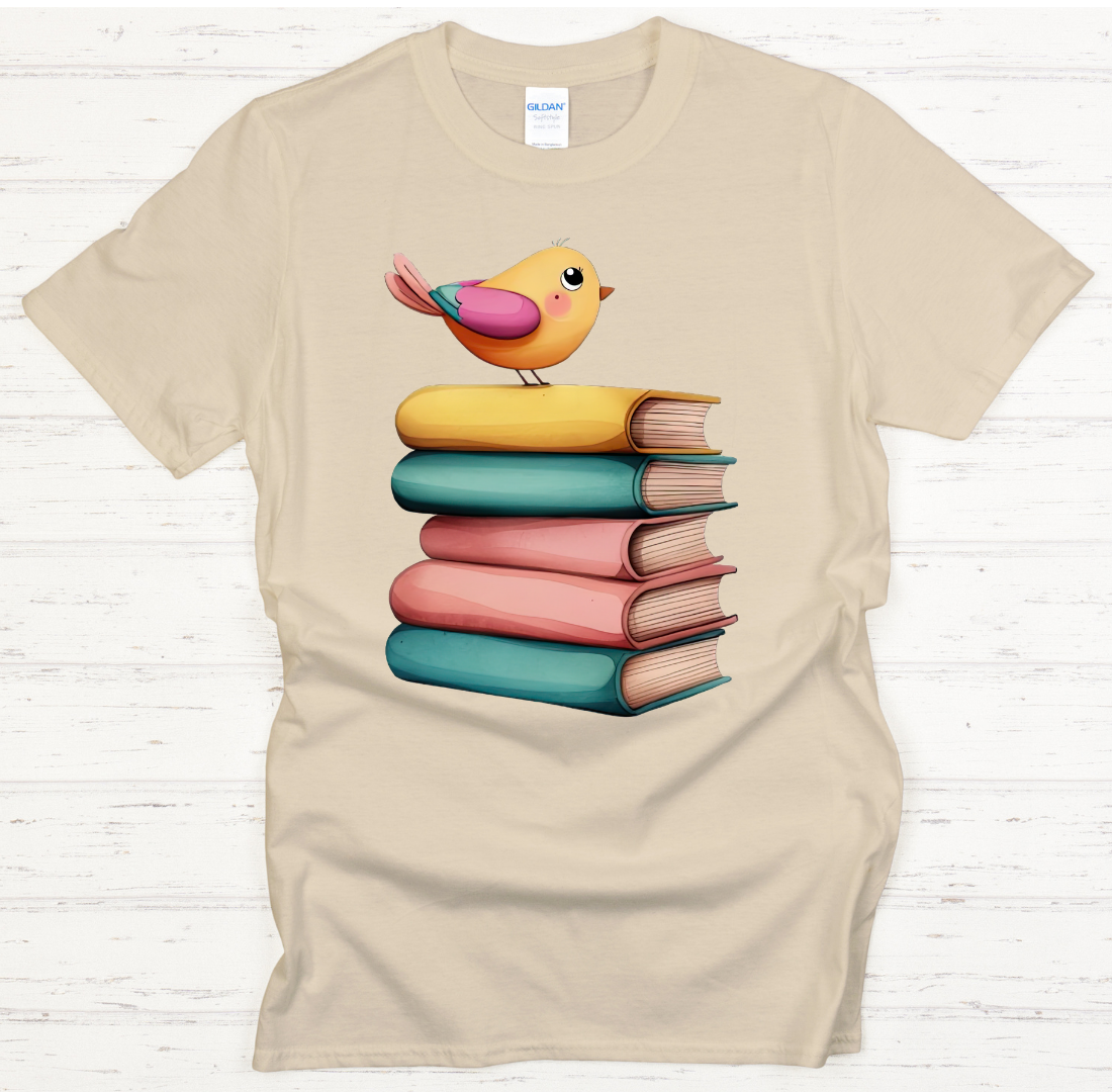 Cute Bird on Books Reader Graphic Shirt on Gildan Softstyle Tee