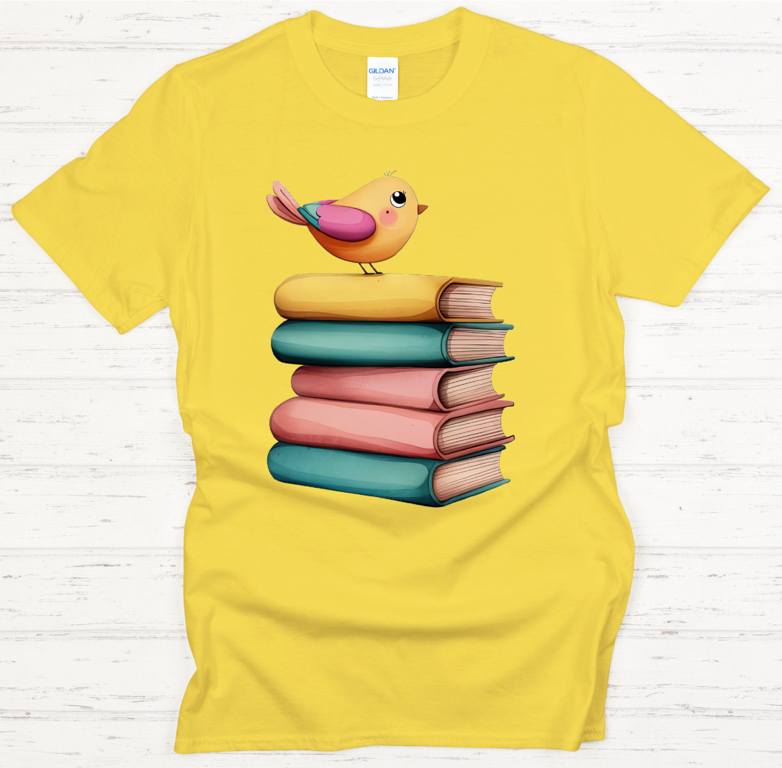 Cute Bird on Books Reader Graphic Shirt on Gildan Softstyle Tee