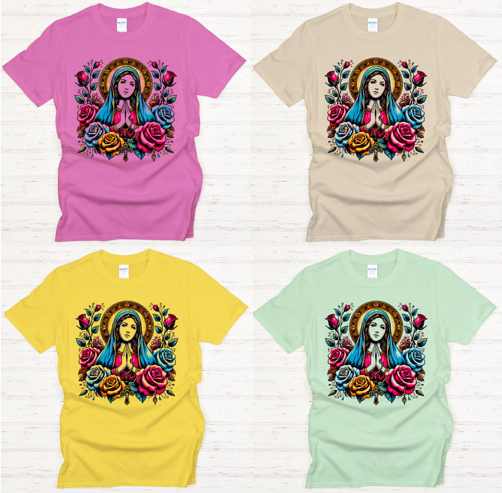 Blessed Virgin Mary Floral Catholic Art Shirt on Gildan Softstyle Tee