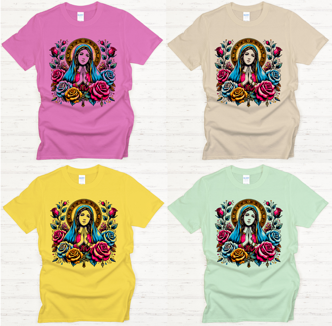 Blessed Virgin Mary Floral Catholic Art Shirt on Gildan Softstyle Tee