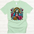 Blessed Virgin Mary Floral Catholic Art Shirt on Gildan Softstyle Tee