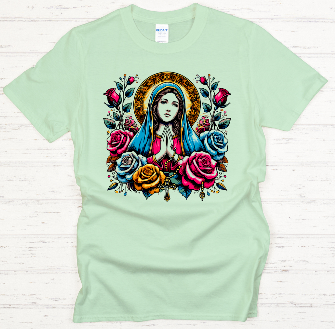 Blessed Virgin Mary Floral Catholic Art Shirt on Gildan Softstyle Tee
