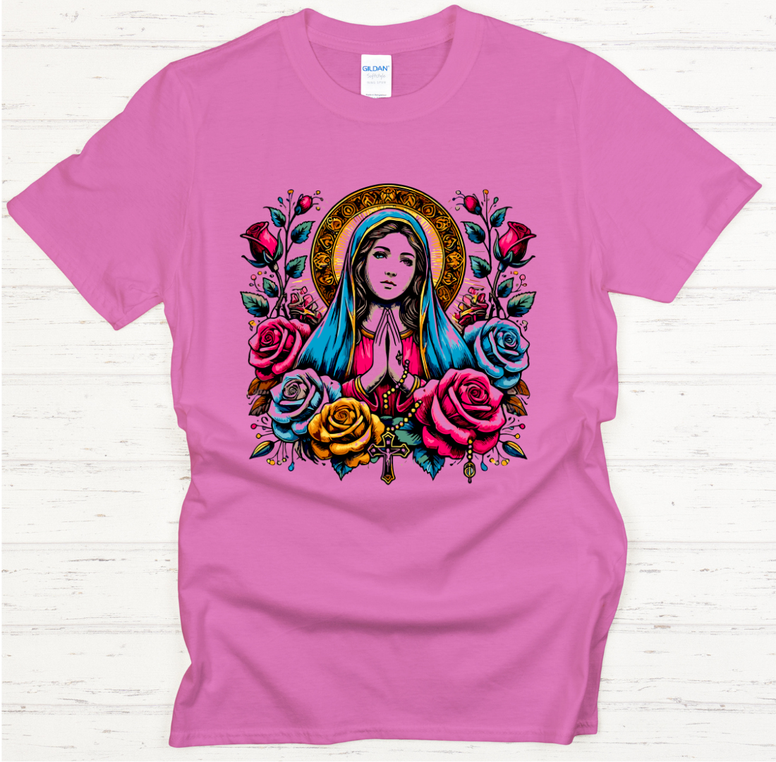 Blessed Virgin Mary Floral Catholic Art Shirt on Gildan Softstyle Tee