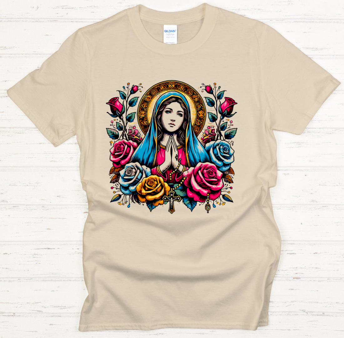 Blessed Virgin Mary Floral Catholic Art Shirt on Gildan Softstyle Tee