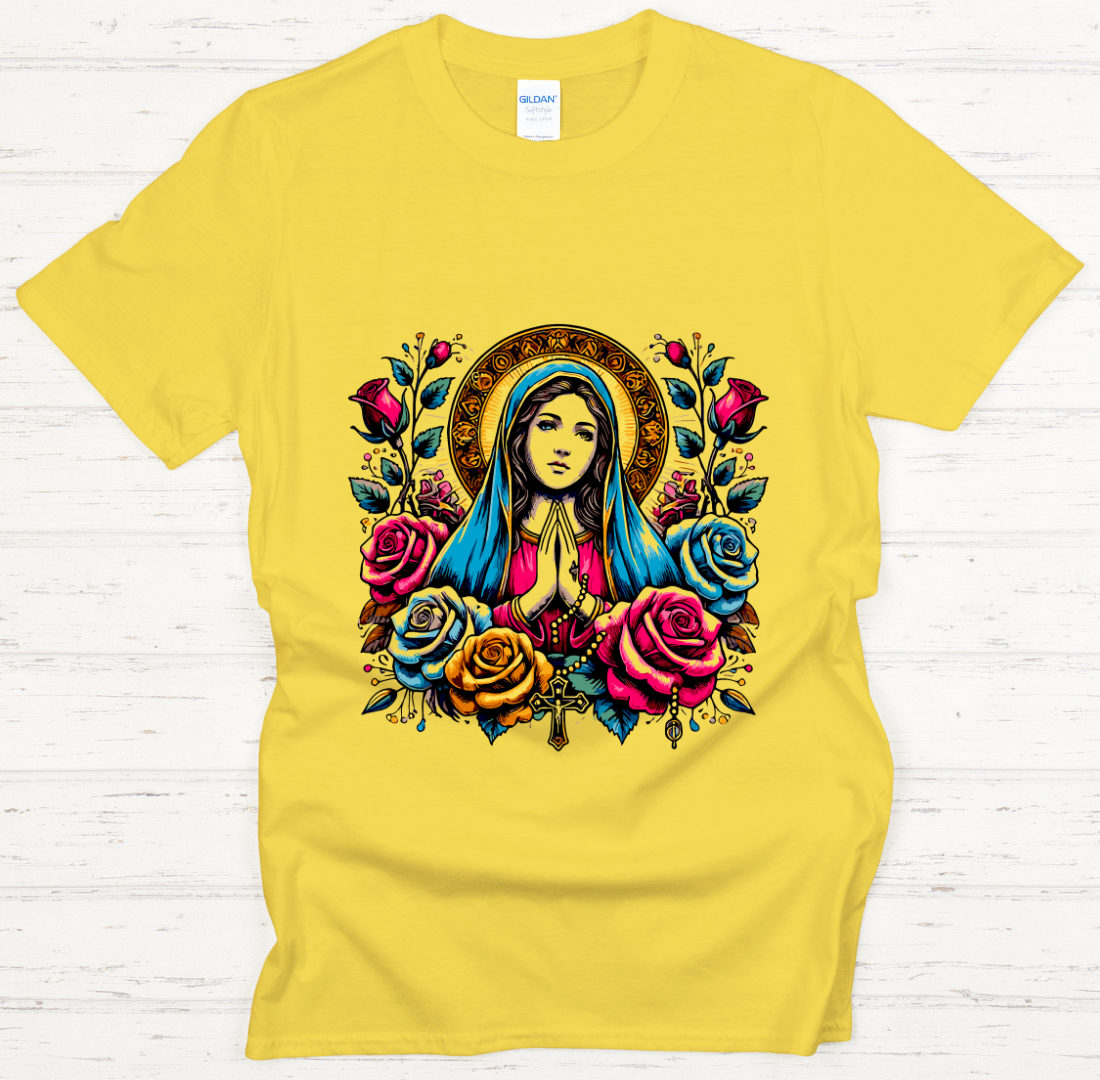 Blessed Virgin Mary Floral Catholic Art Shirt on Gildan Softstyle Tee