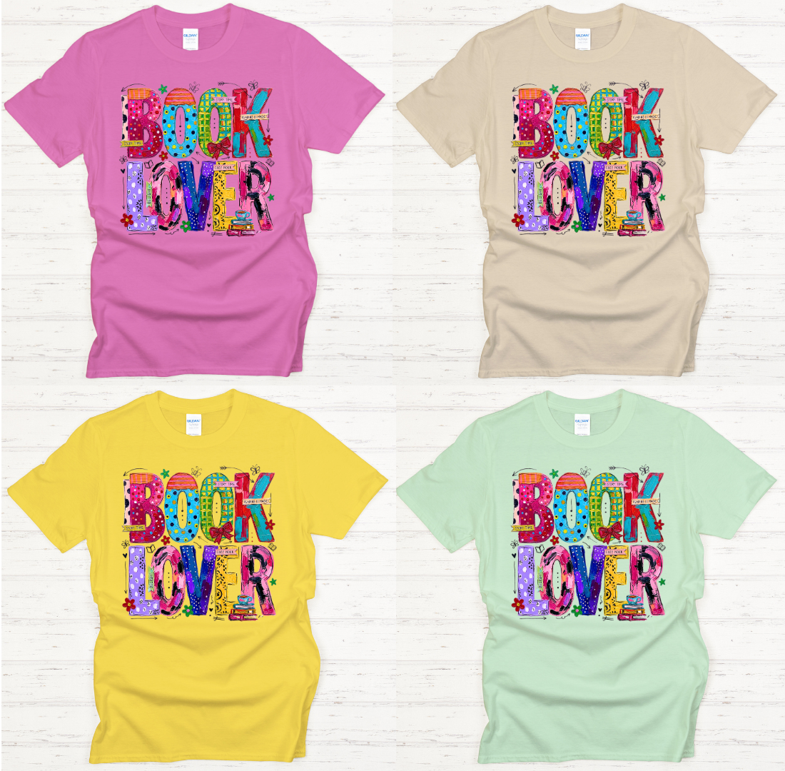 Book Lover Colorful Bookworm Graphic Shirt on Gildan Softstyle Tee