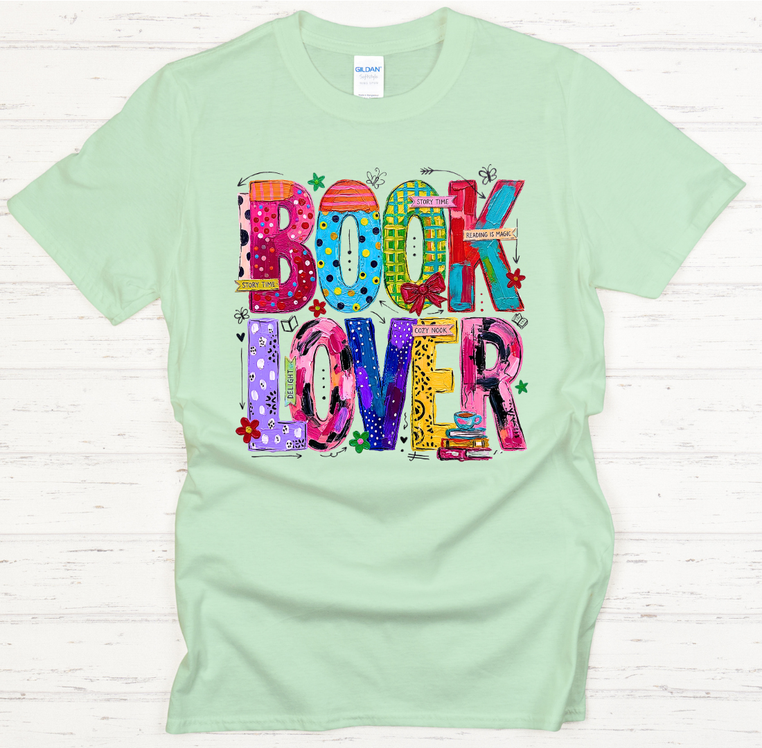 Book Lover Colorful Bookworm Graphic Shirt on Gildan Softstyle Tee