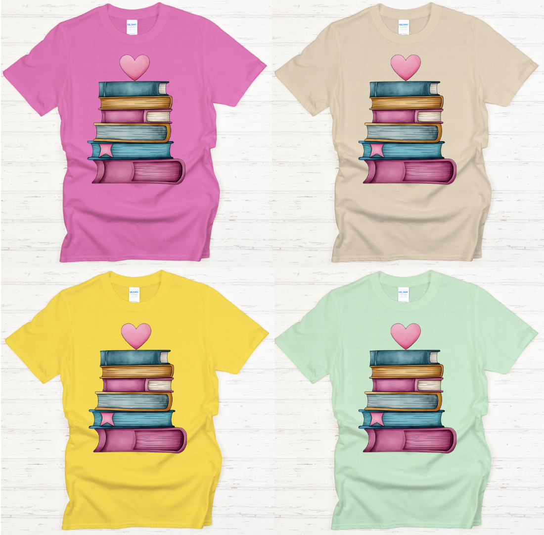 Book Stack Heart Reader Graphic Shirt on Gildan Softstyle Tee