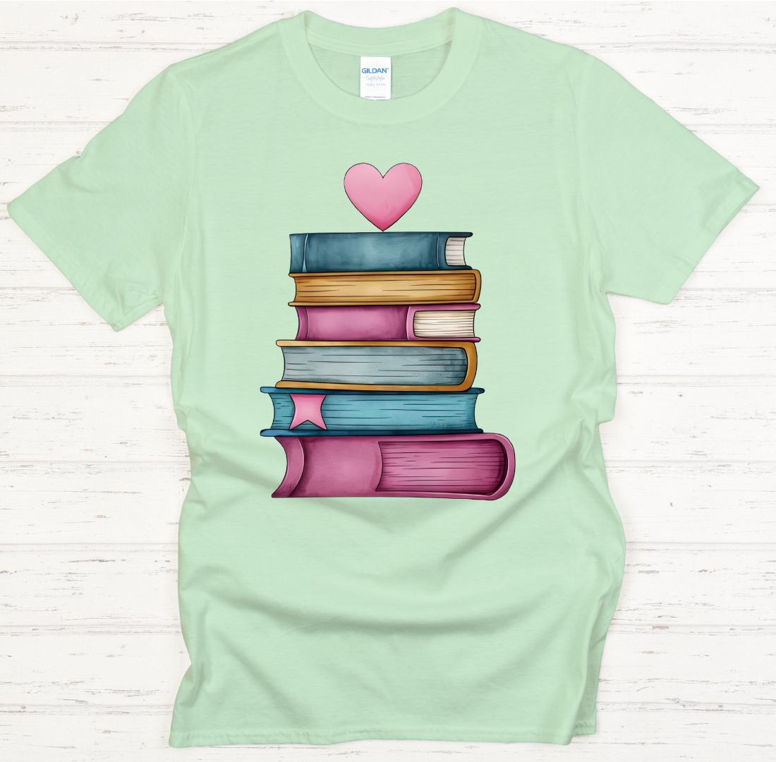Book Stack Heart Reader Graphic Shirt on Gildan Softstyle Tee