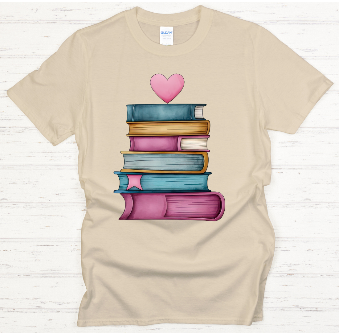 Book Stack Heart Reader Graphic Shirt on Gildan Softstyle Tee