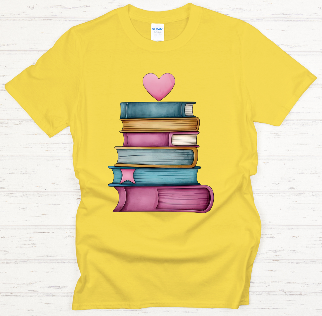 Book Stack Heart Reader Graphic Shirt on Gildan Softstyle Tee