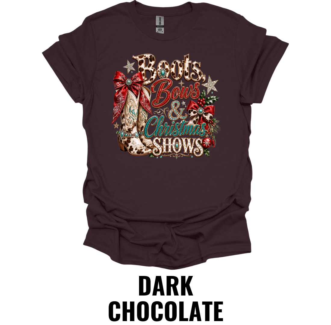 Boots Bows & Christmas Shows T-Shirt – Western Holiday Rodeo Tee