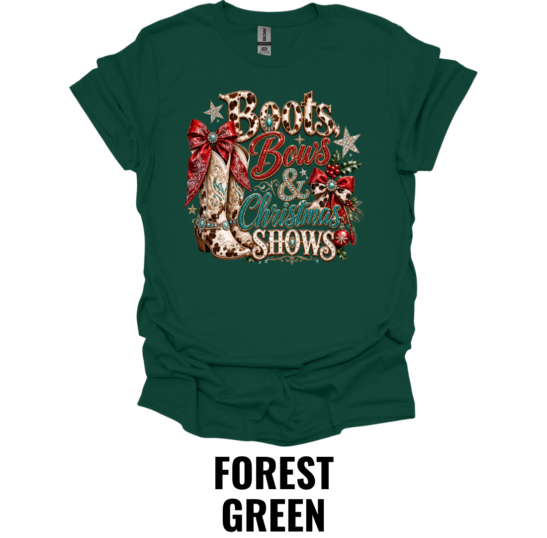 Boots Bows & Christmas Shows T-Shirt – Western Holiday Rodeo Tee
