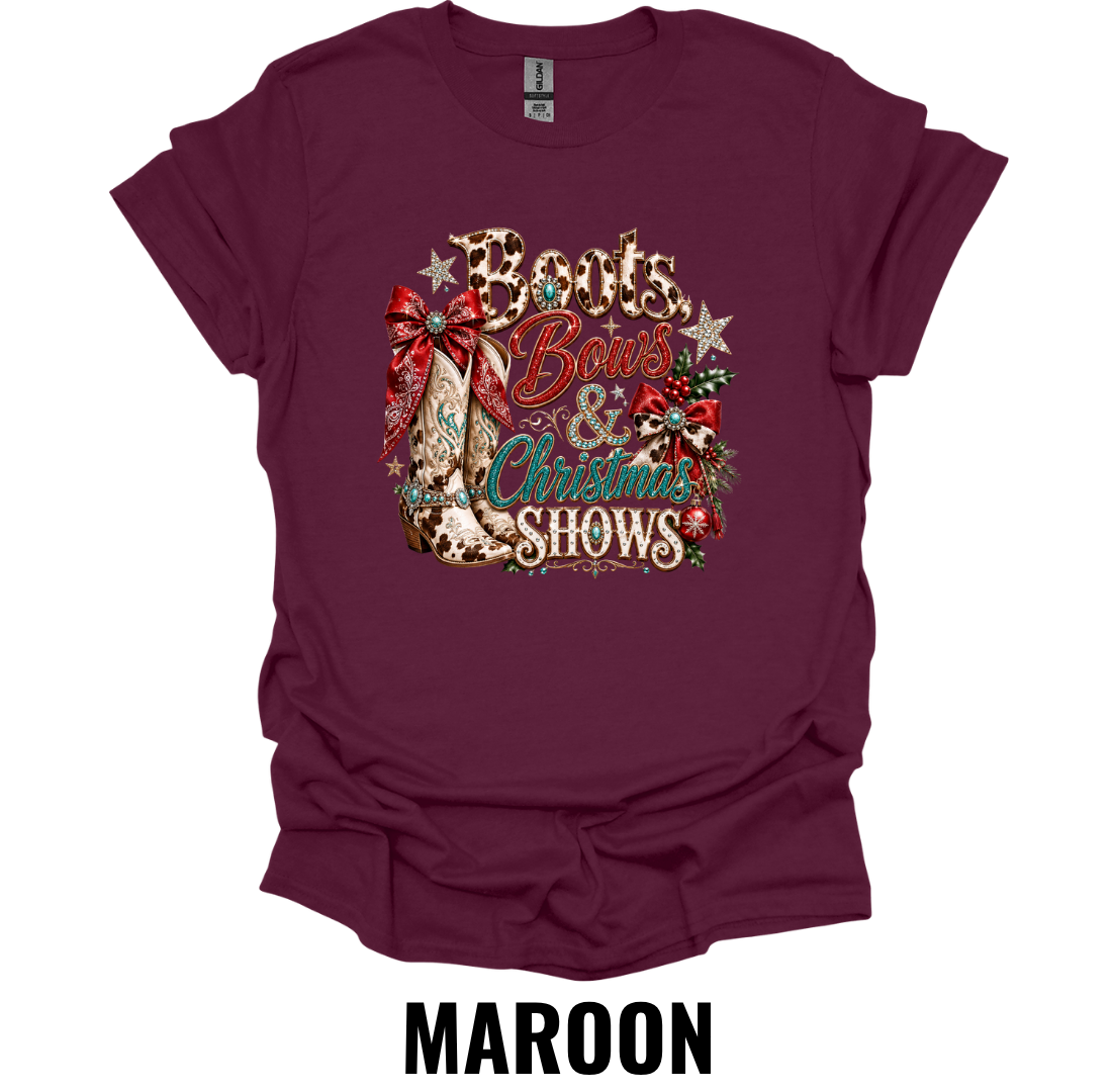 Boots Bows & Christmas Shows T-Shirt – Western Holiday Rodeo Tee