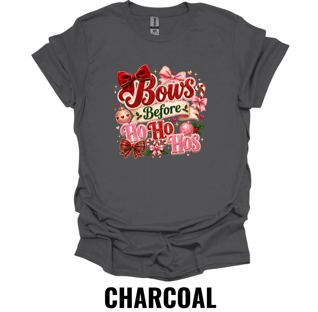 Bows Before Ho Ho Hos T-Shirt – Funny Christmas Bow Tee