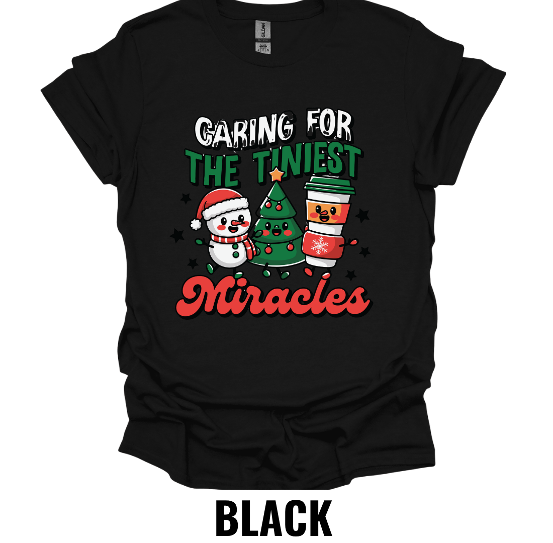 Caring For The Tiniest Miracles Christmas NICU Nurse Shirt – Holiday Healthcare Graphic Tee