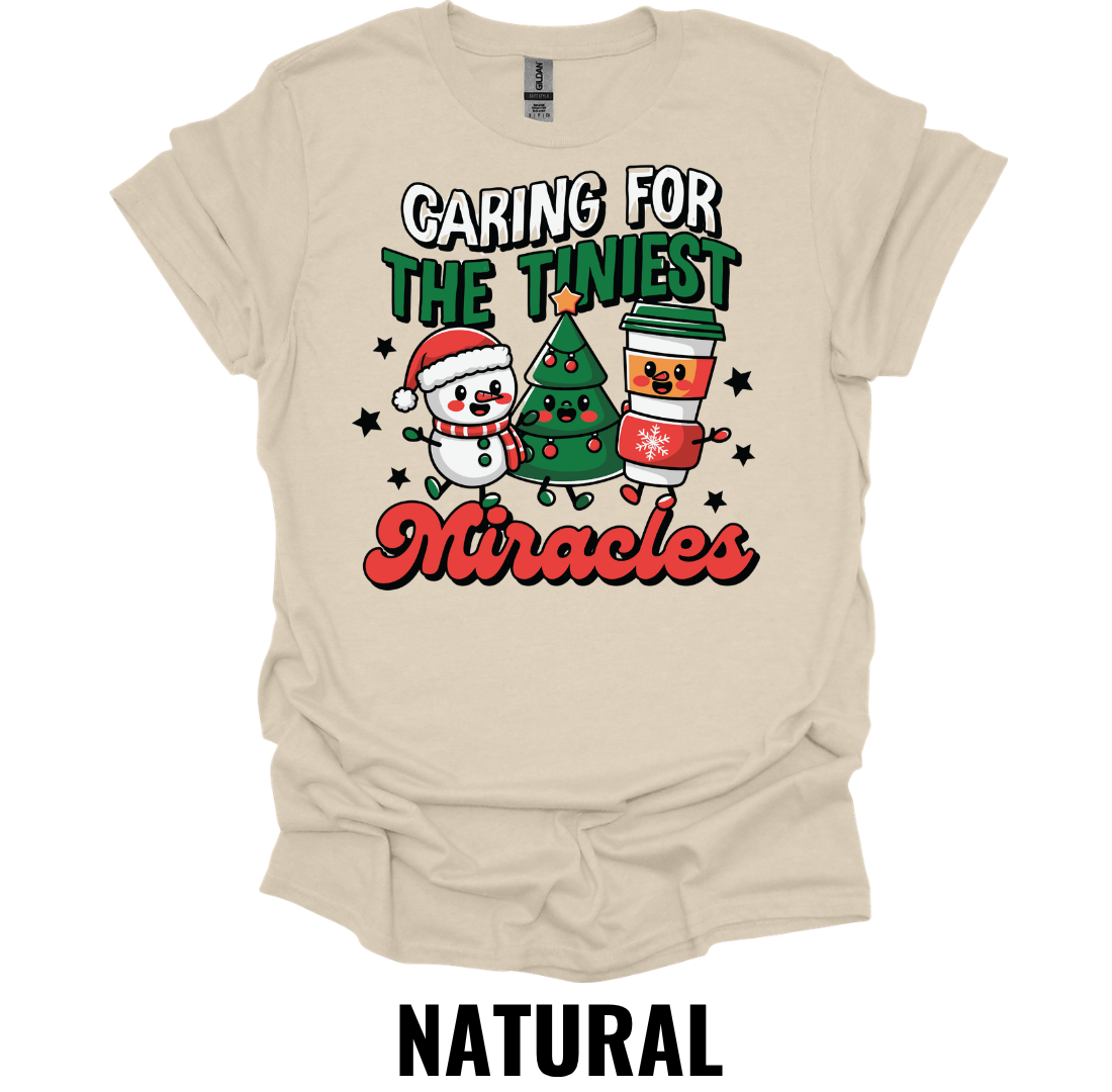 Caring For The Tiniest Miracles Christmas NICU Nurse Shirt – Holiday Healthcare Graphic Tee