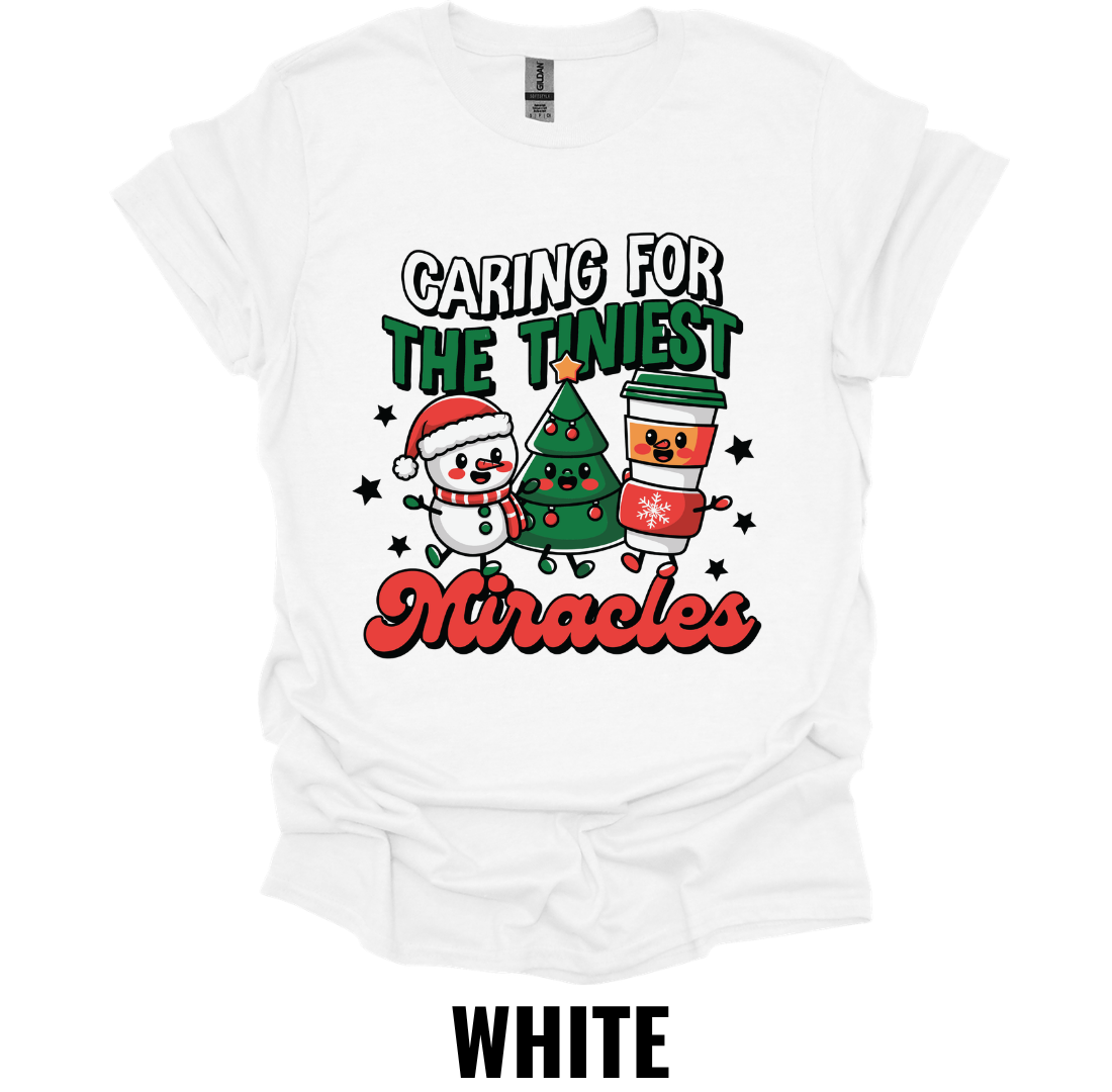 Caring For The Tiniest Miracles Christmas NICU Nurse Shirt – Holiday Healthcare Graphic Tee