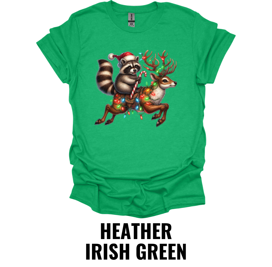 Christmas Raccoon Riding Reindeer Shirt – Funny Woodland Holiday Graphic Tee