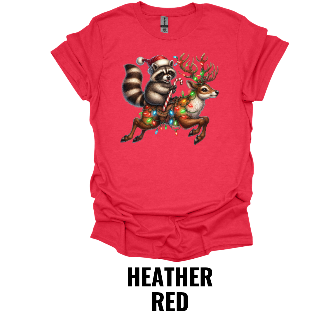 Christmas Raccoon Riding Reindeer Shirt – Funny Woodland Holiday Graphic Tee