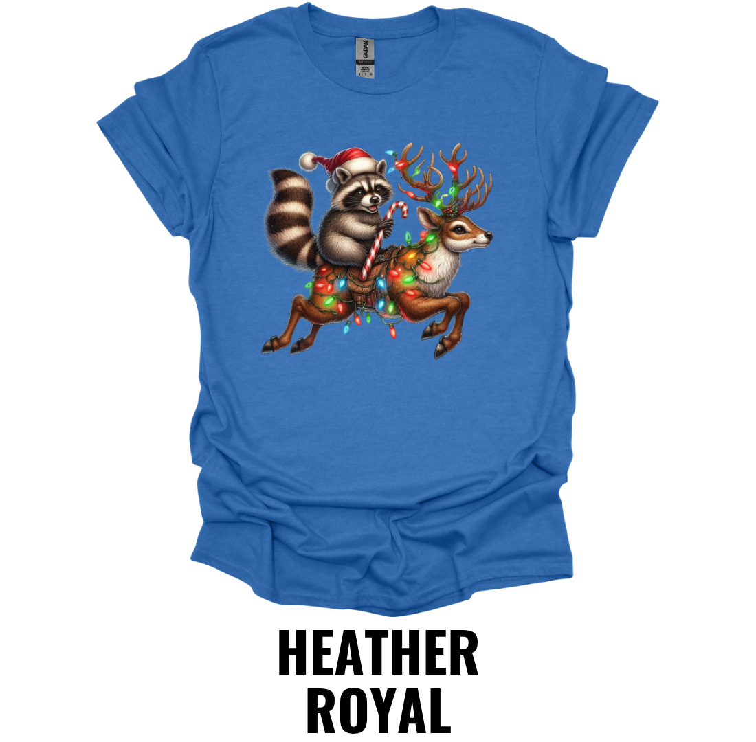 Christmas Raccoon Riding Reindeer Shirt – Funny Woodland Holiday Graphic Tee