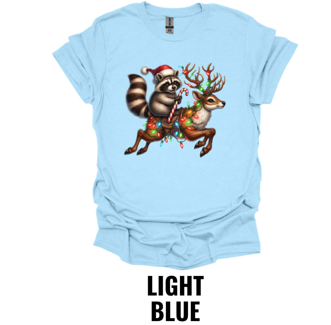 Christmas Raccoon Riding Reindeer Shirt – Funny Woodland Holiday Graphic Tee