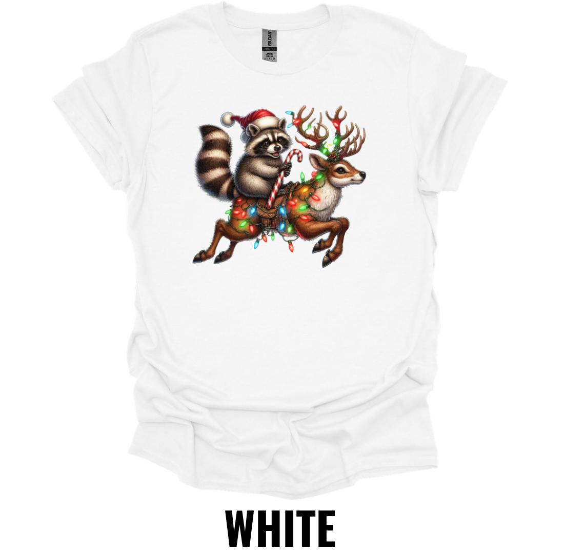 Christmas Raccoon Riding Reindeer Shirt – Funny Woodland Holiday Graphic Tee
