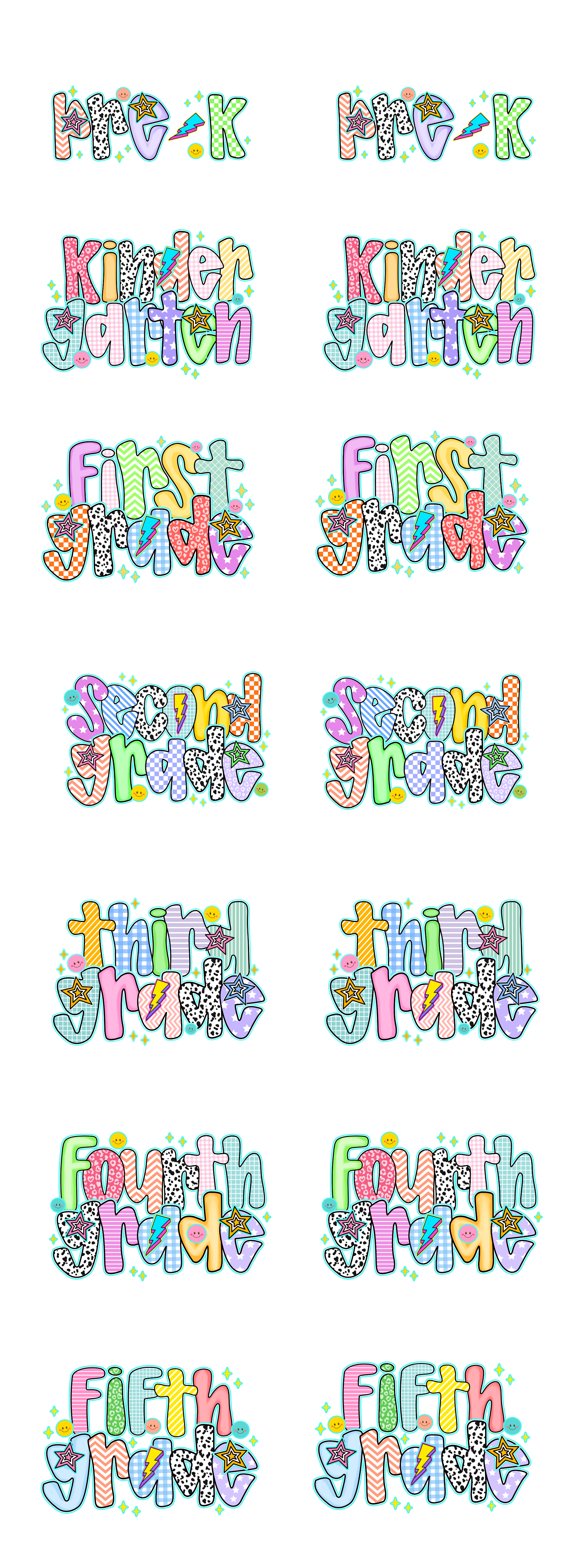 Colorful Grade Level Youth DTF Gang Sheet | Back to School Kindergarten Through Fifth Grade Kids Transfers