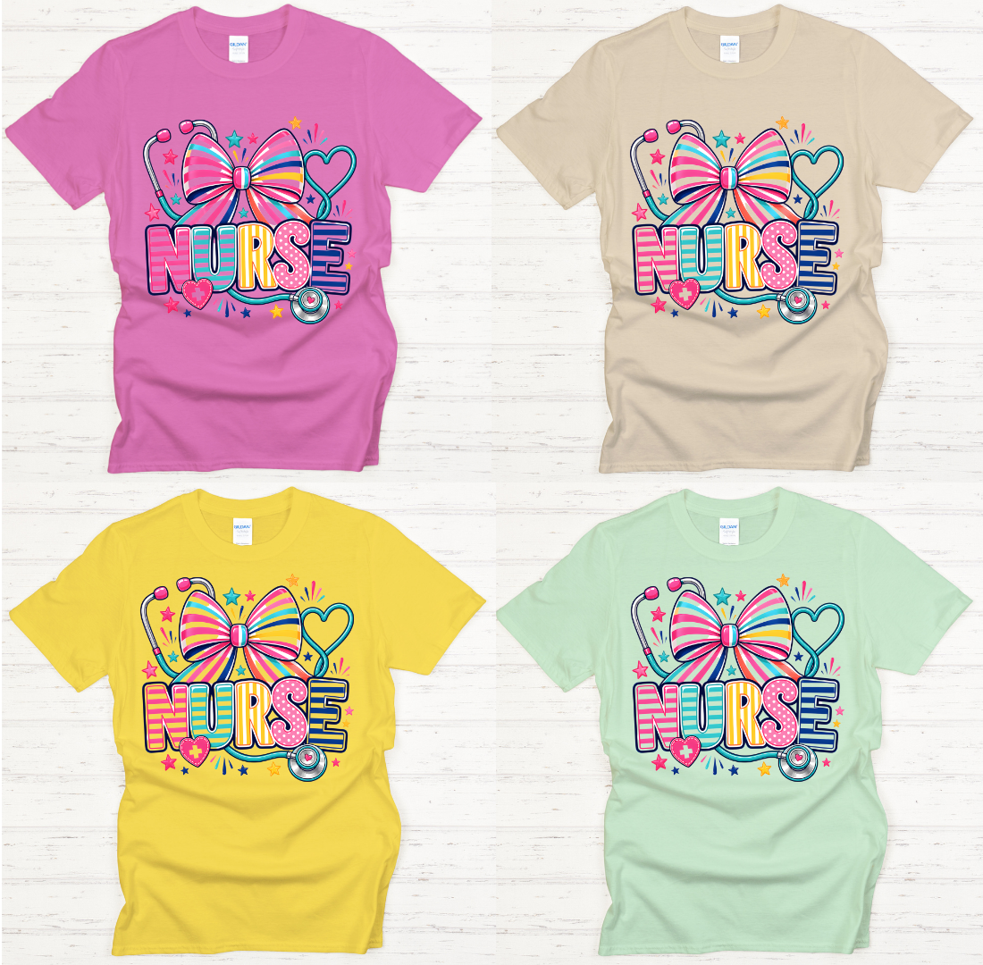 Colorful Nurse Bow and Stethoscope Graphic Shirt on Gildan Softstyle Tee
