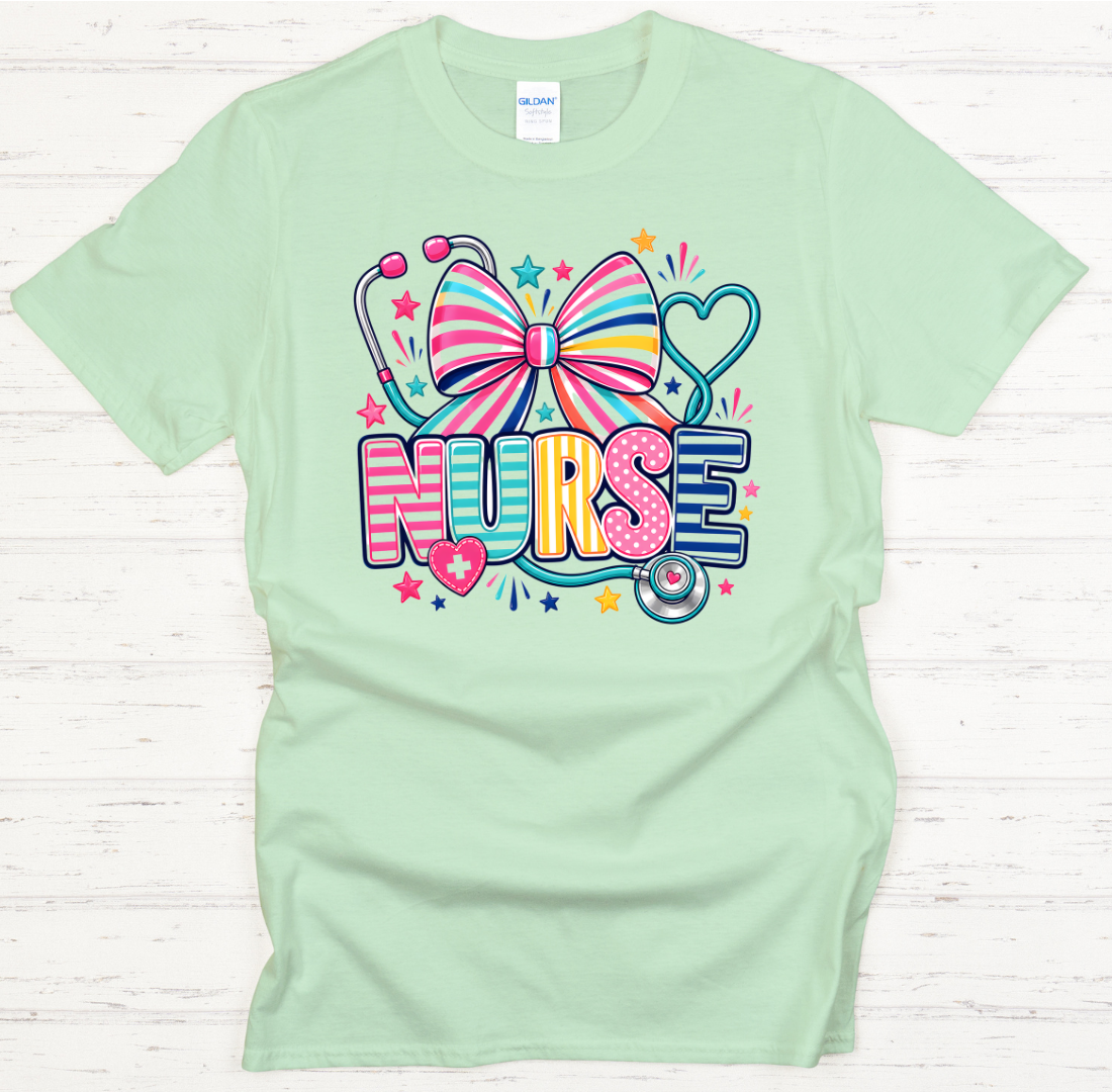 Colorful Nurse Bow and Stethoscope Graphic Shirt on Gildan Softstyle Tee