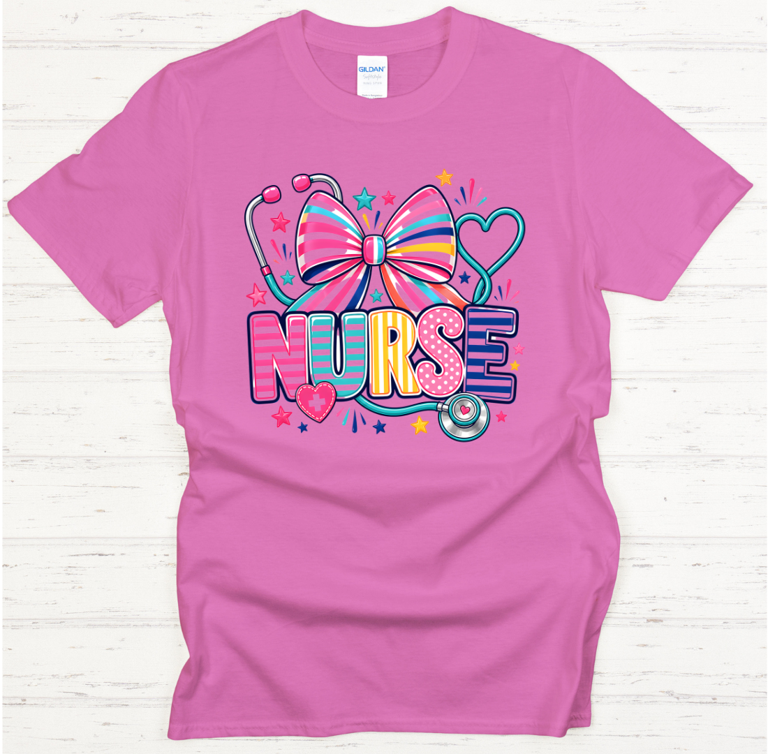 Colorful Nurse Bow and Stethoscope Graphic Shirt on Gildan Softstyle Tee